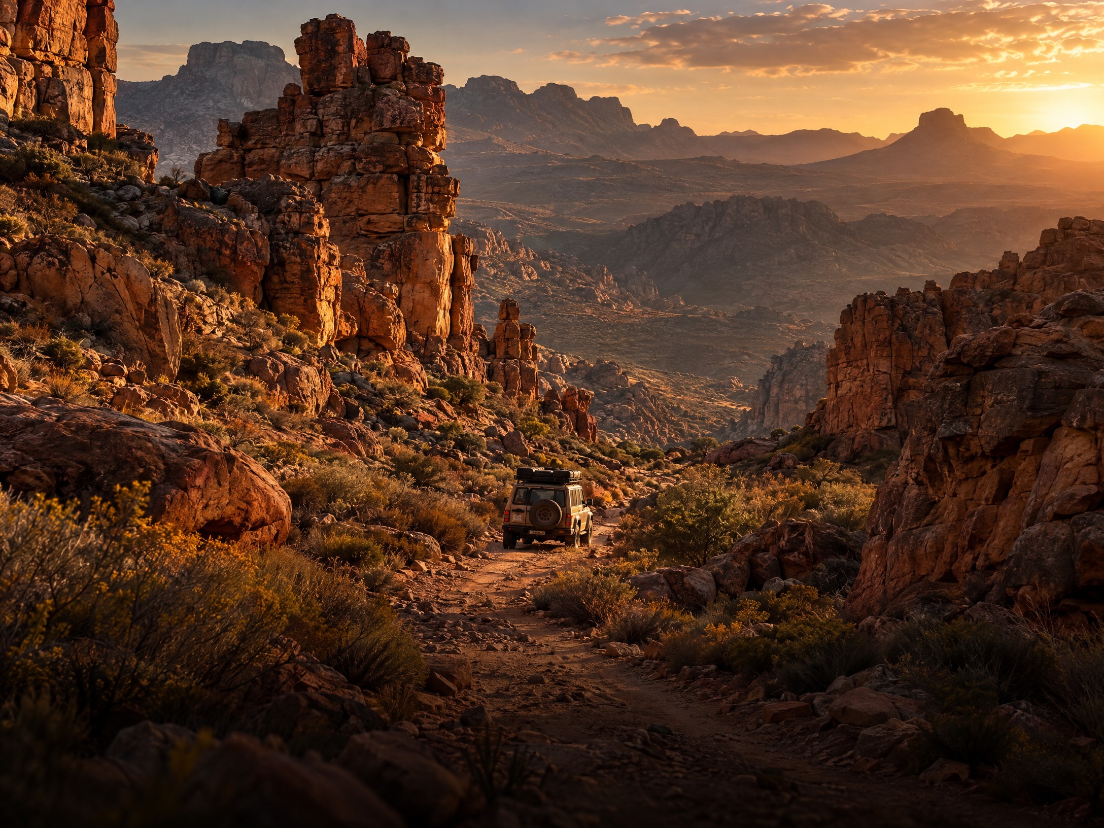 A 4x4 in the Cederberg's rugged red sandstone landscape